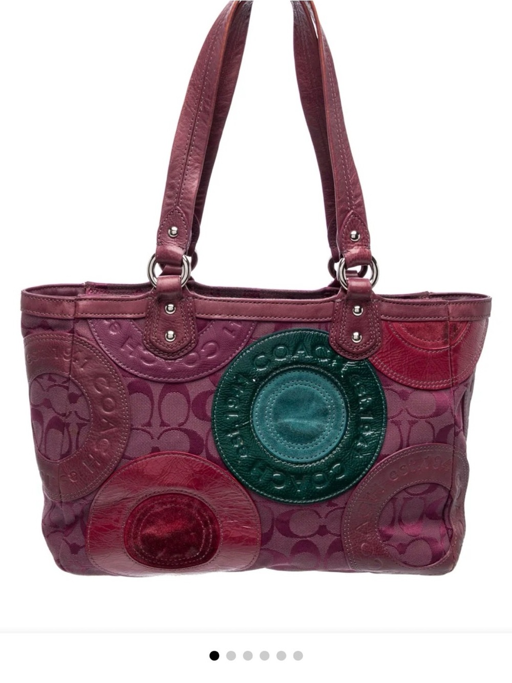 Coach Women's Burgundy Patchwork Shoulder Tote with Green Accent!